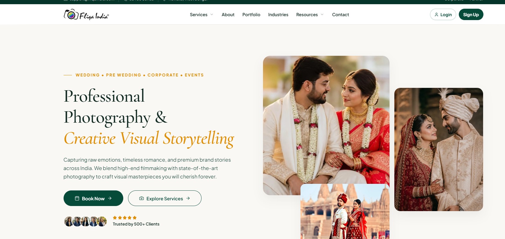 FliqaIndia Services website homepage showing the creative services catalogue