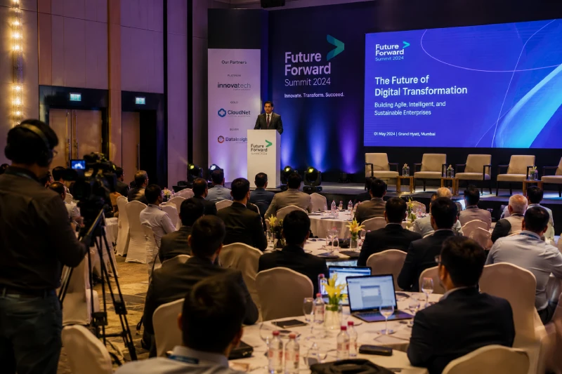 Audience seated at a professional conference during live event coverage