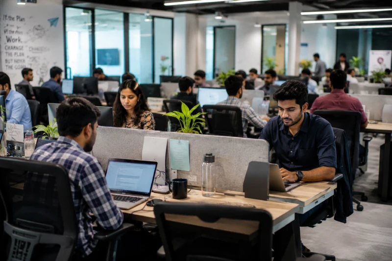 Two professionals seated in a modern office during a corporate photography session